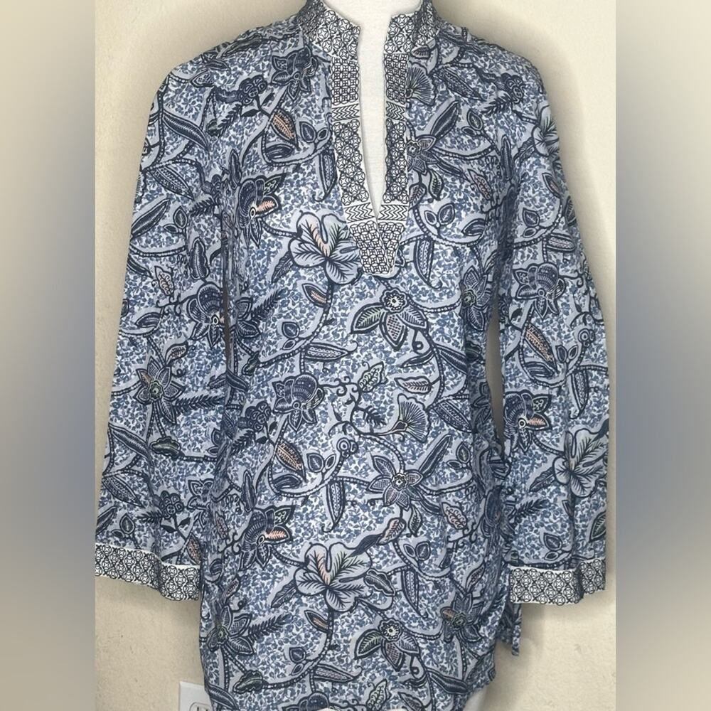 TORY BURCH NAVY BLUE GRAY PEACH FLORAL INTRICATE PATTERN “V” NECK TUNIC STYLE 4